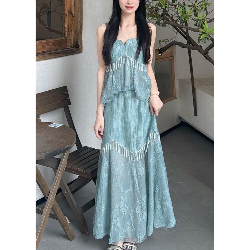 Original Design Blue Ruffled Tasseled Chiffon Three Pieces Set Summer