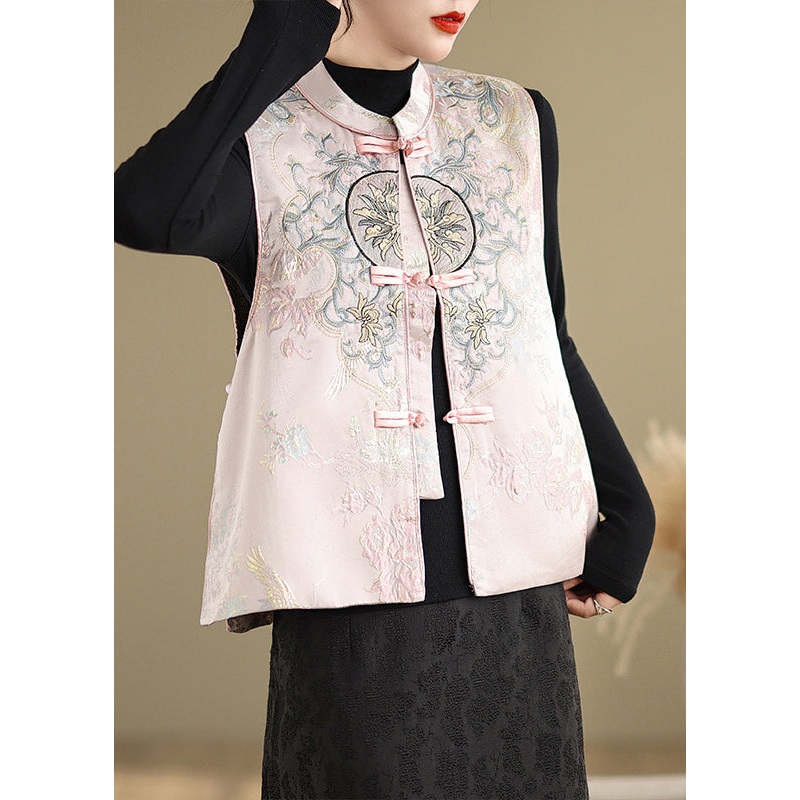 Pink Cotton Vest Embroidered Oriental Button Sleeveless