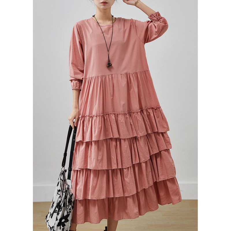 Pink Oversized Cotton Holiday Dress Layered Ruffles Spring