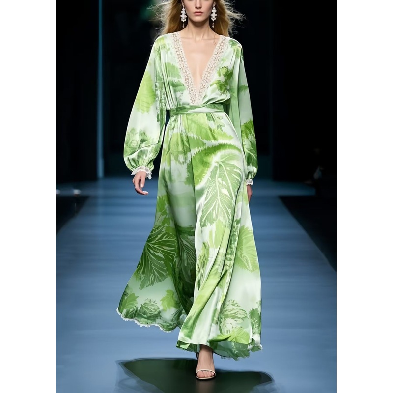 Plus Size Grass Green Print Draping Chiffon Maxi Dresses Spring
