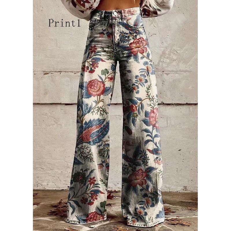 Print Pockets Loose Denim Wide Leg Pants High Waist Spring