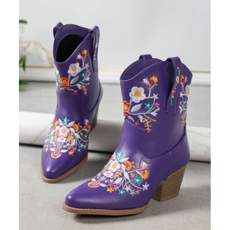Purple Embossed Solid Faux Leather Chunky Boots