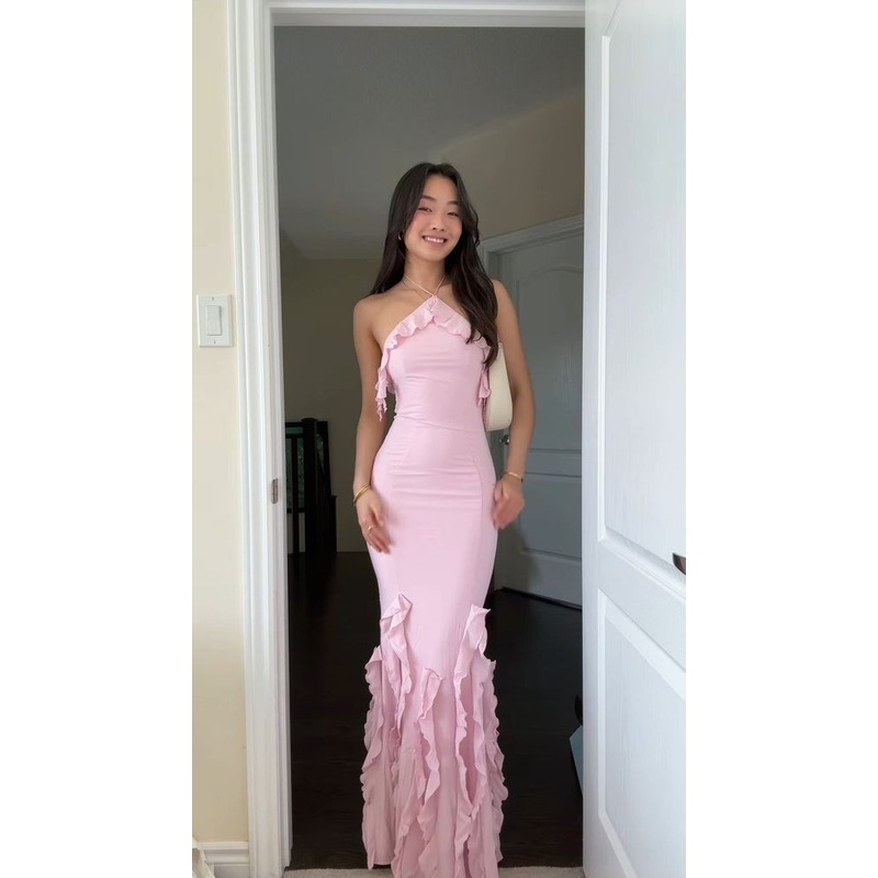 Ruffle Sheath Halter Pink Prom Dresses Evening Dress J5306