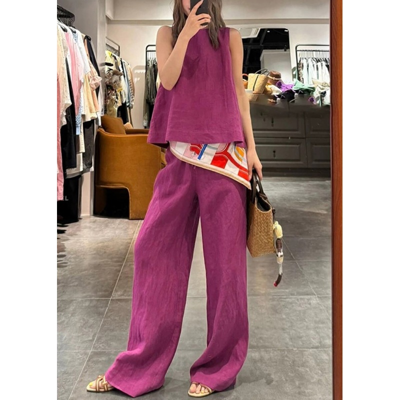 Simple Rose O Neck Solid Tank And Pants Linen Two Pieces Set Sleeveless