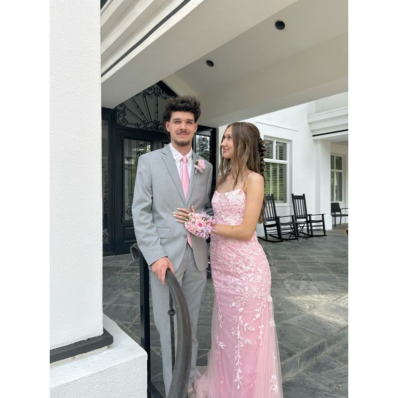 Spaghetti Straps Pink Mermaid Prom Dress Lace Formal Party Dress J5841