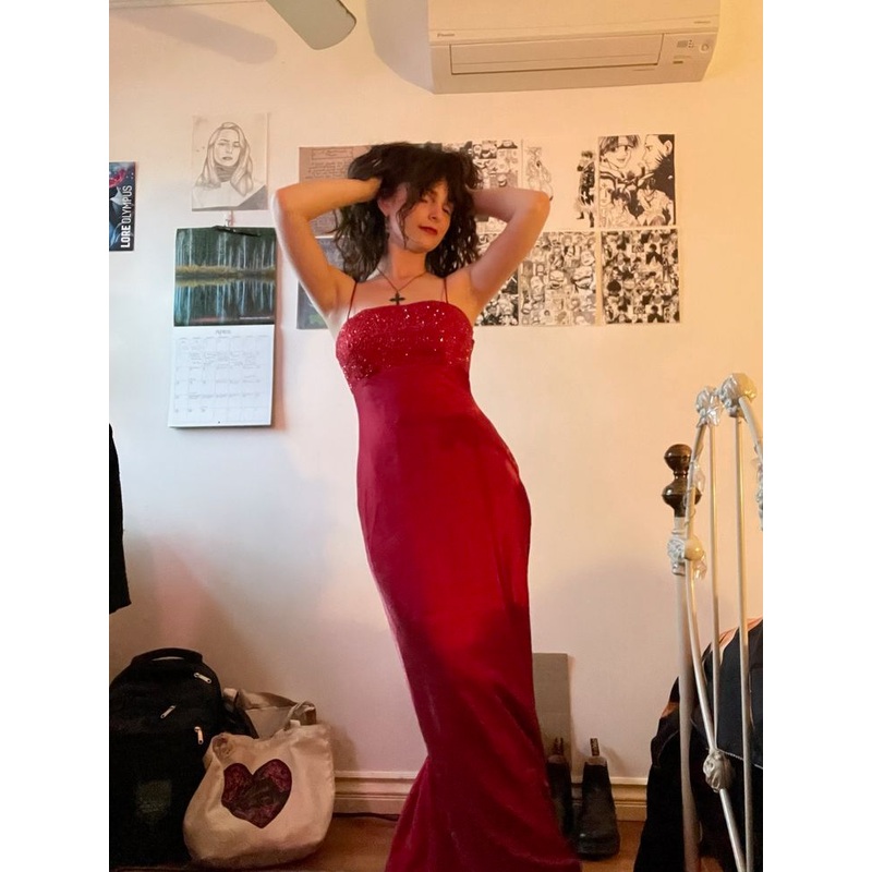 Spaghetti Straps Red Sheath Long Prom Dress Forma Evening Dress J4428