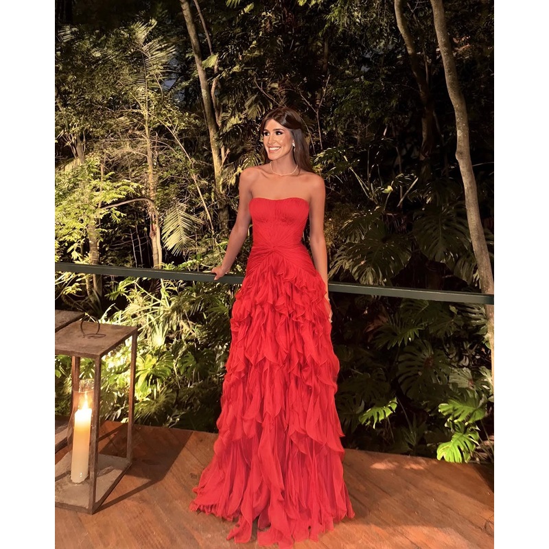 Strapless A Line Red Long Prom Dress Ruffle Formal Dresses J5600