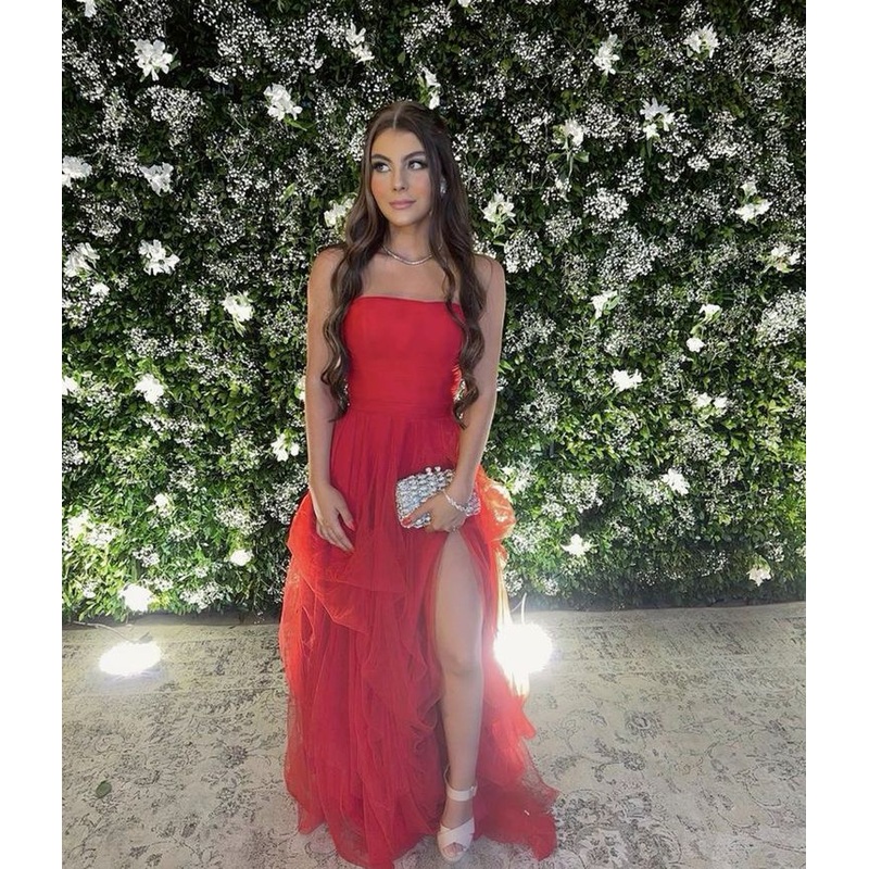 Strapless A Line Red Long Prom Dress Slit Tulle Wedding Guest Dress J5436