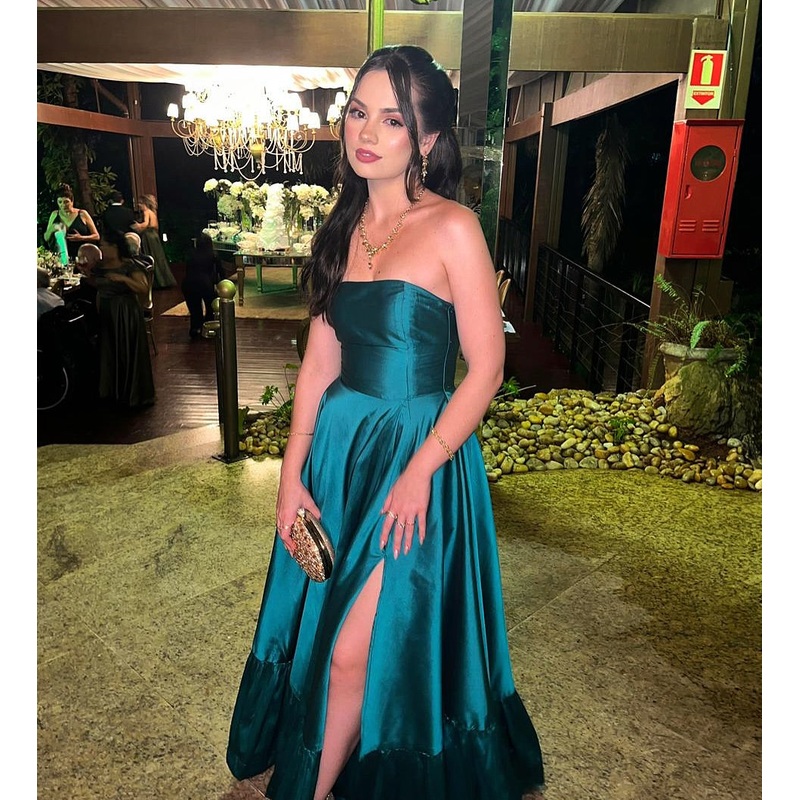 Strapless Green Satin Prom Dress Slit Formal Evening Dress J5897