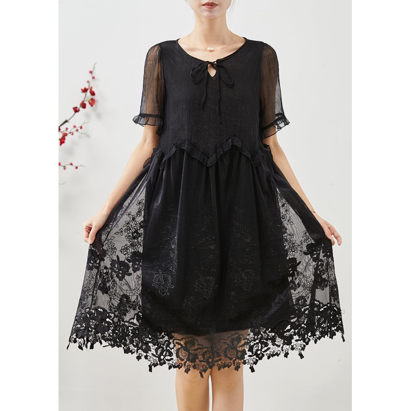 Style Black Embroidered Silk Day Dress Summer