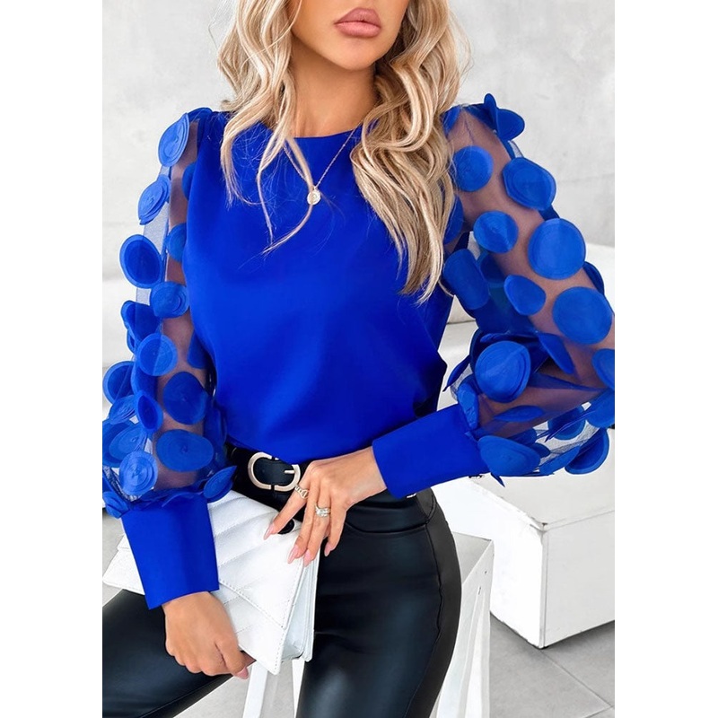 Stylish Blue O Neck Patchwork Chiffon Tops Petal Sleeve