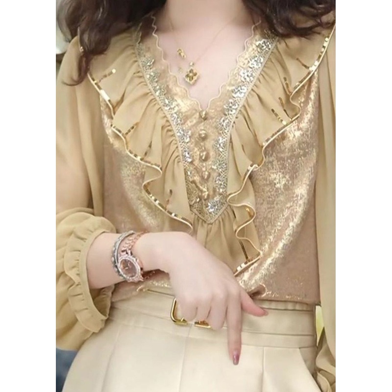 Stylish Khaki V Neck Ruffled Chiffon Shirt Fall