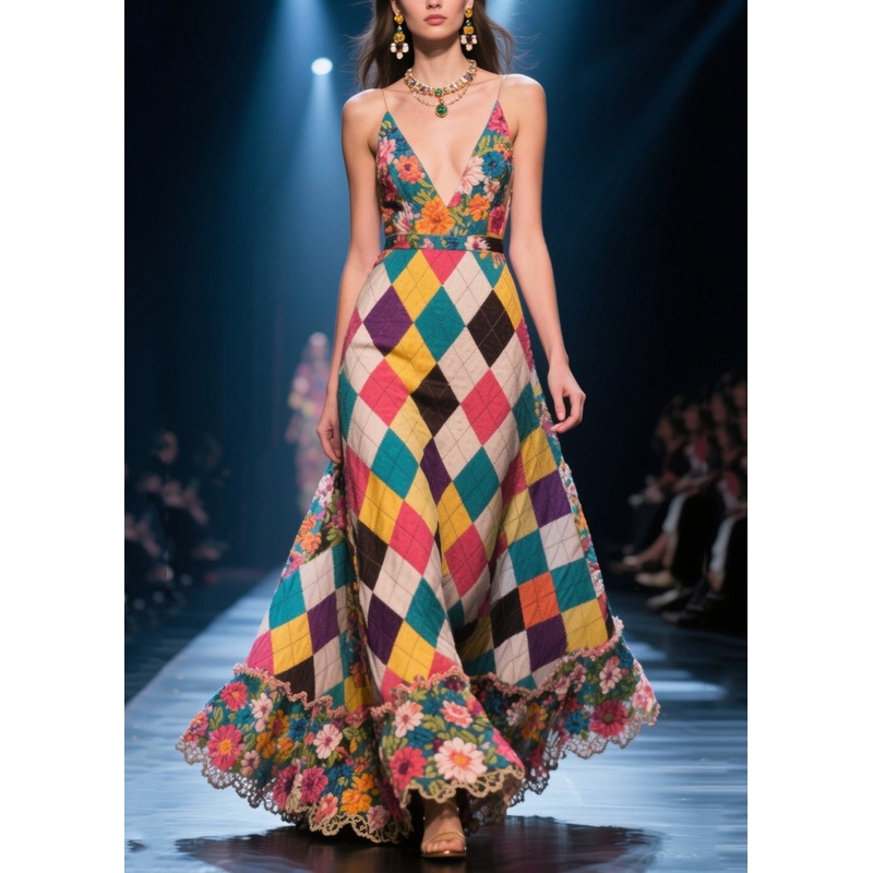 Stylish Multicolour Plaid Patchwork Exra Large Hem Long Dresses Summer