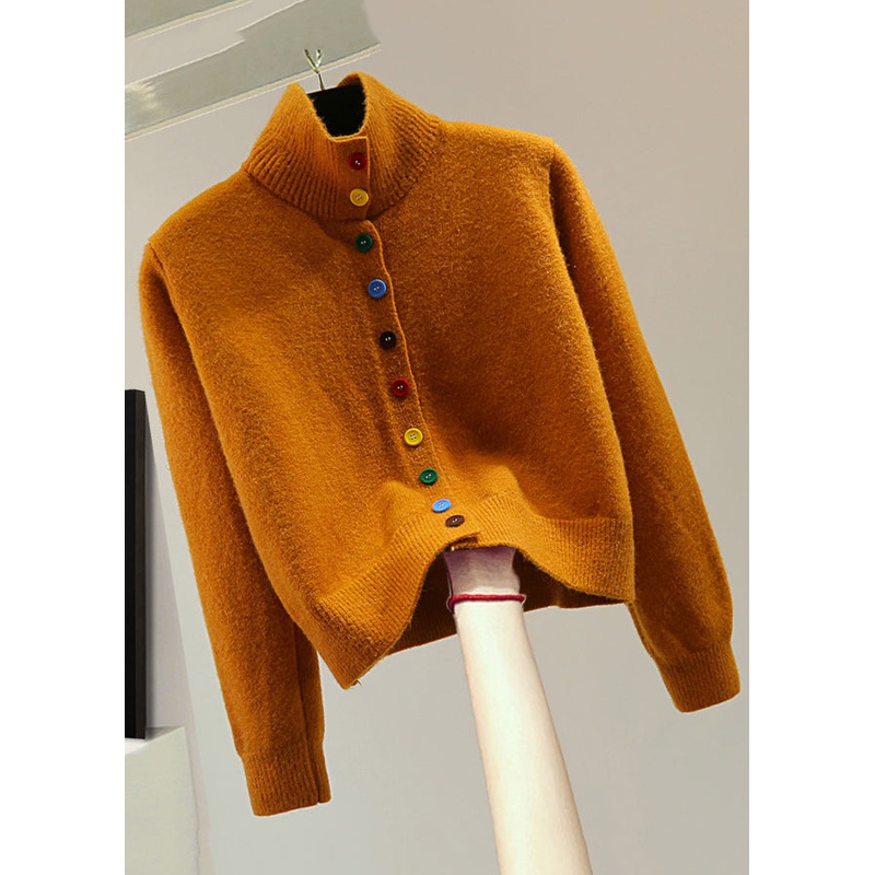 Stylish Orange Stand Collar Patchwork Cotton Knit Sweaters Winter