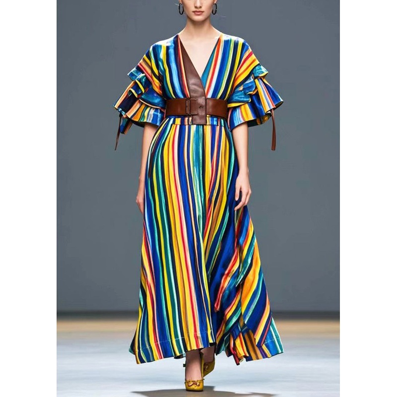 Stylish Rainbow Cinched Striped Cotton Maxi Dress Summer