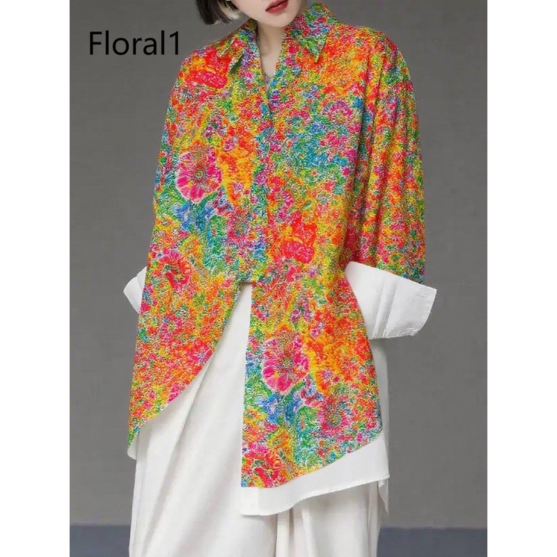 Unique Floral1 Asymmetrical Design Side Open Cotton Long Shirts Spring