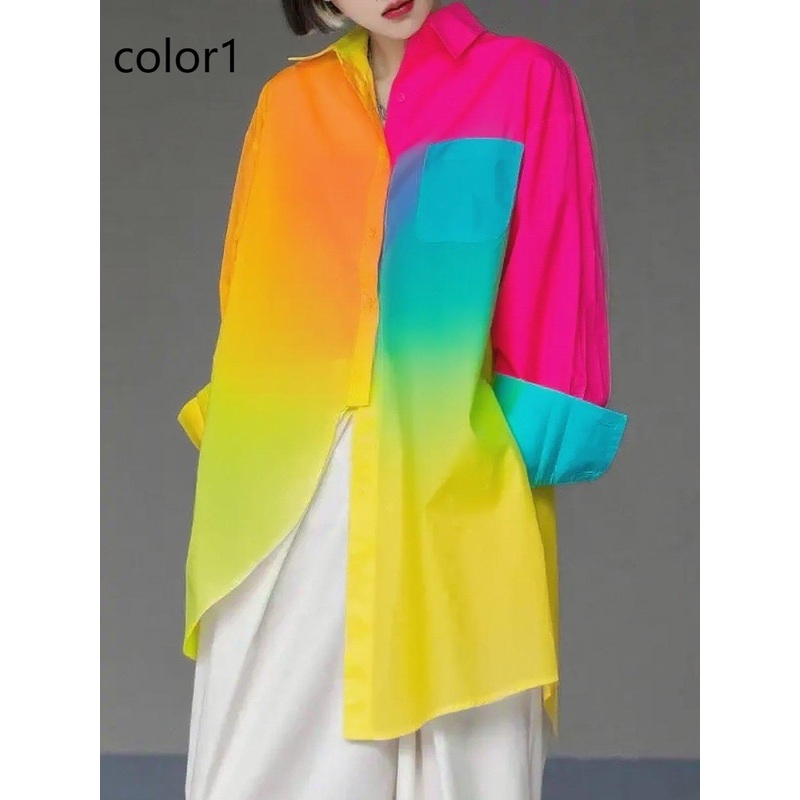 Unique Gradient Color1 Asymmetrical Design Side Open Cotton Long Shirts Spring