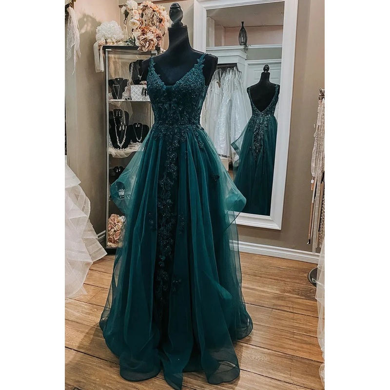 V Neck Dark Green Lace Long Prom Dresses A Line Tulle Evening Dresses J4807