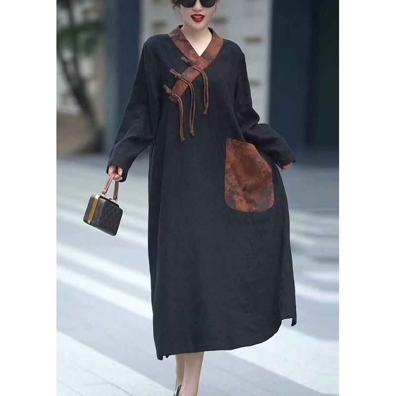 Vintage Black V Neck Chinese Button Pockets Cotton Dresses Spring