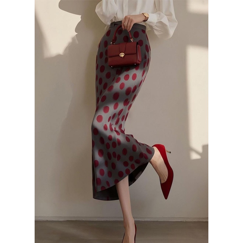 Vintage Dark Grey Dot Print High Waist Cotton Skirts Spring