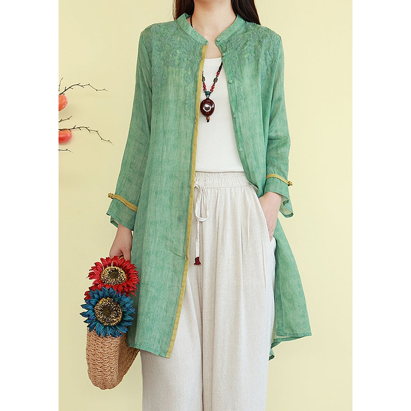 Vintage Green Button Thin Patchwork Linen Blouses