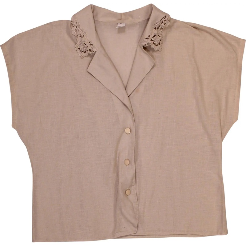 Vintage Linen Short Sleeve Blouse with Embroidered Collar