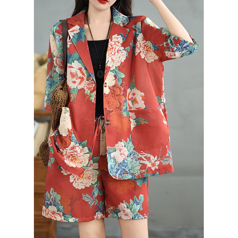 Vintage Red Print Pockets Cotton Two Pieces Set Half Sleeve