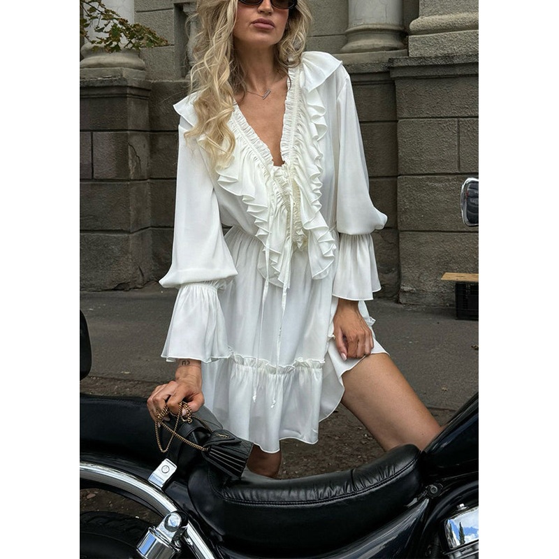 White Lace Up Solid Cotton Mid Dress Ruffled Spring
