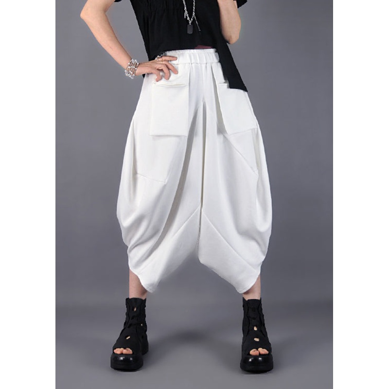 White Loose Cotton Pants Asymmetrical Design Spring
