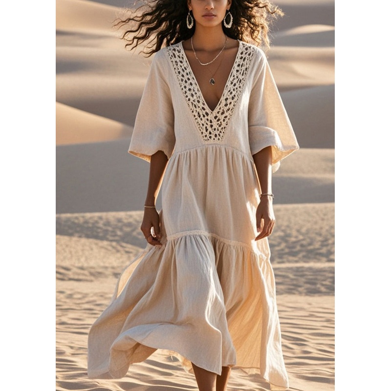 Women Beige Hollow Out Patchwork Cotton Loose Dress Summer