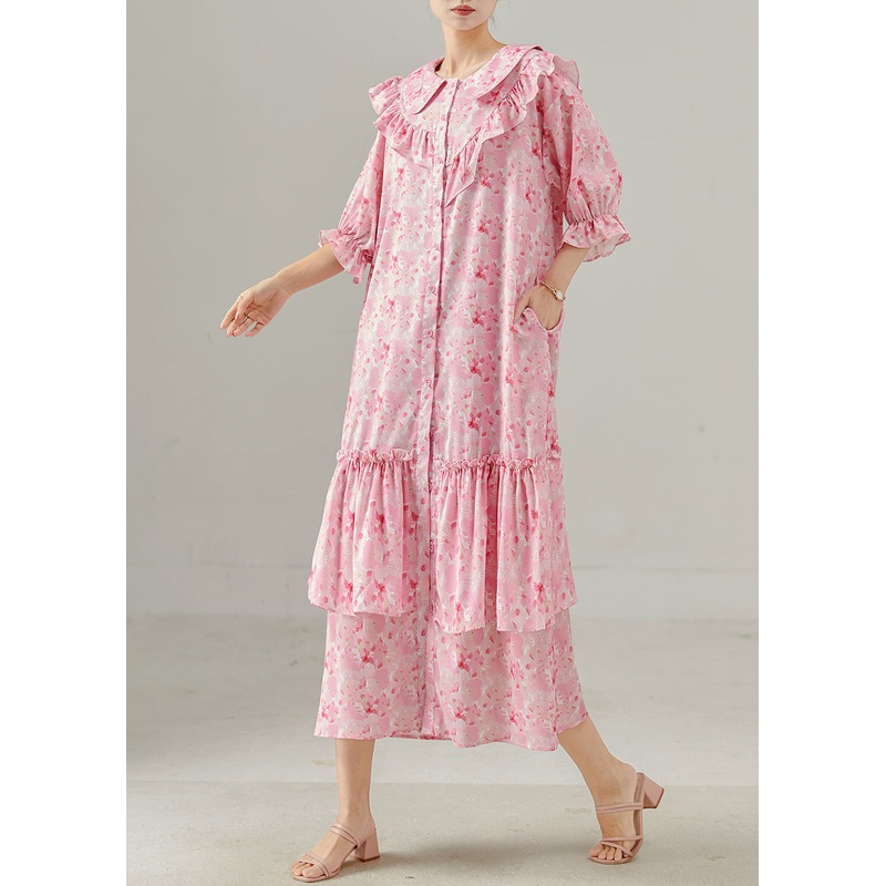 Women Pink Ruffled Print Chiffon Dress Spring