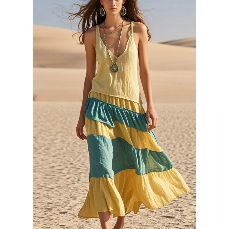 Women Yellow Patchwork Cotton Sundress Summer