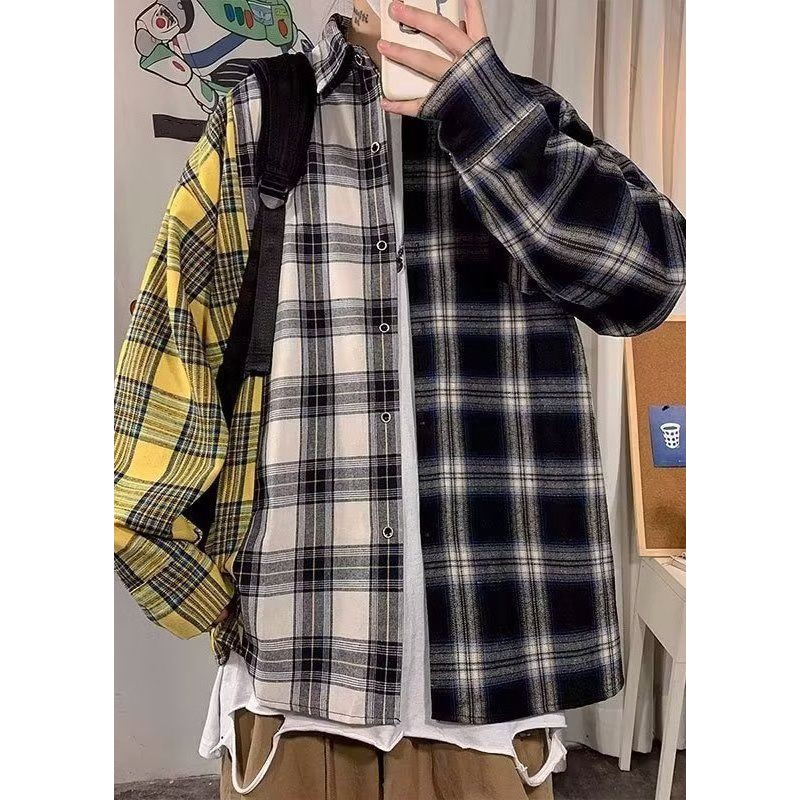 Yellow Plaid Pockets Patchwork Cotton Spring Mens Shirts Asymmetrical
