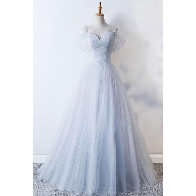 A Line V Neck Blue Tulle Long Prom Dress J4407