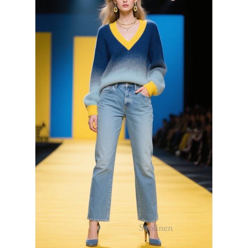 Art Gradient Color V Neck Patchwork Sweaters Winter