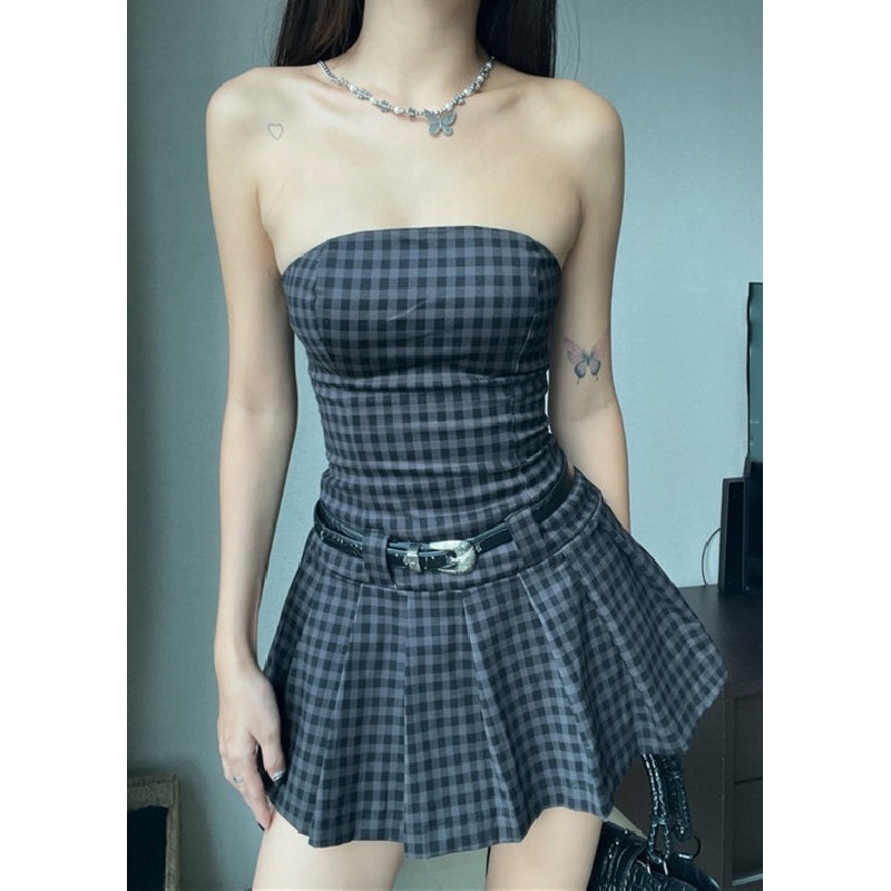 Art Plaid Strapless Backless Cotton Mid Dress Sleeveless