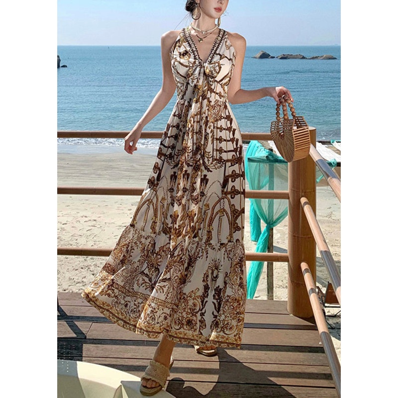 Beautiful Brown Print Chiffon Beach Sundress Summer