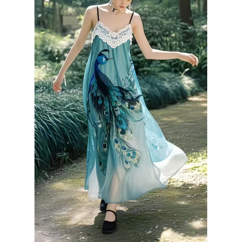 Beautiful Peacock Blue Print Chiffon Beach Dress Summer