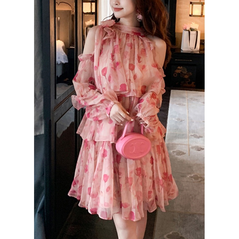 Beautiful Pink Cold Shoulder Print Chiffon Mid Dress Summer