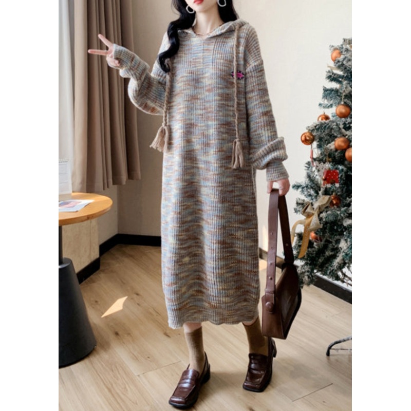 Blue Cozy Cotton Knit Sweater Dress Hooded Winter