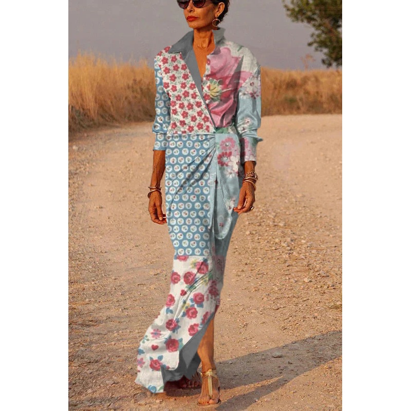 Blue Flowers Satin Wrap Shirt Maxi Dress