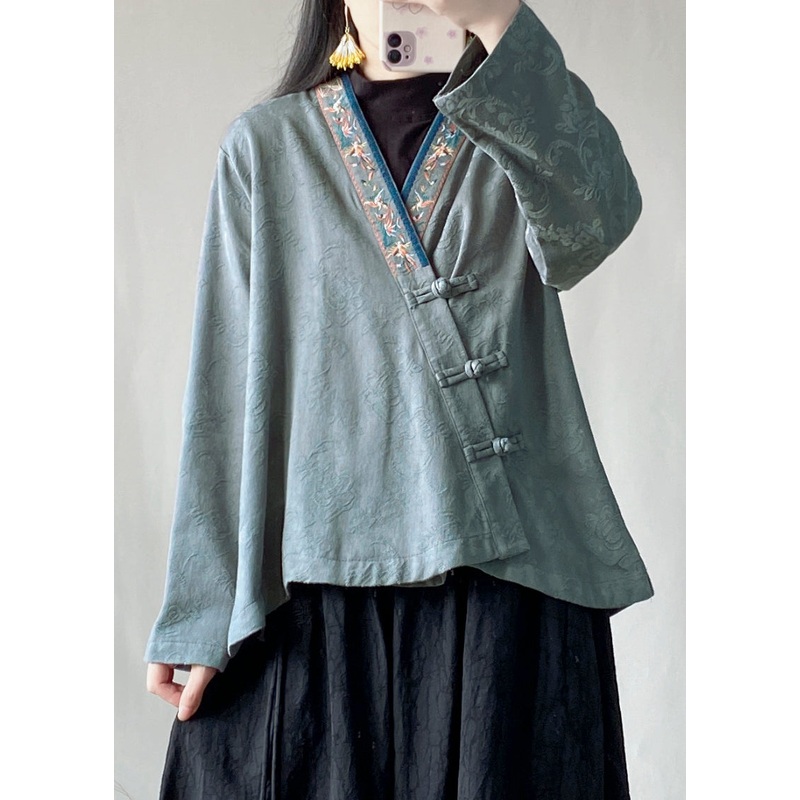 Blue Jacquard Cotton Top Embroidered Chinese Button Spring