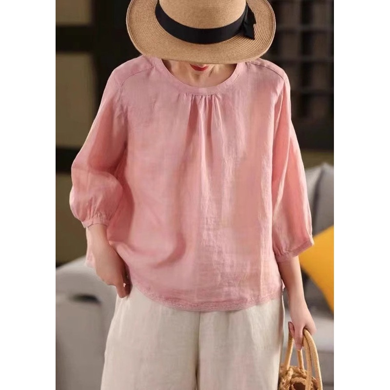 Bohemian Pink Oversized Patchwork Linen Shirts Bracelet Sleeve