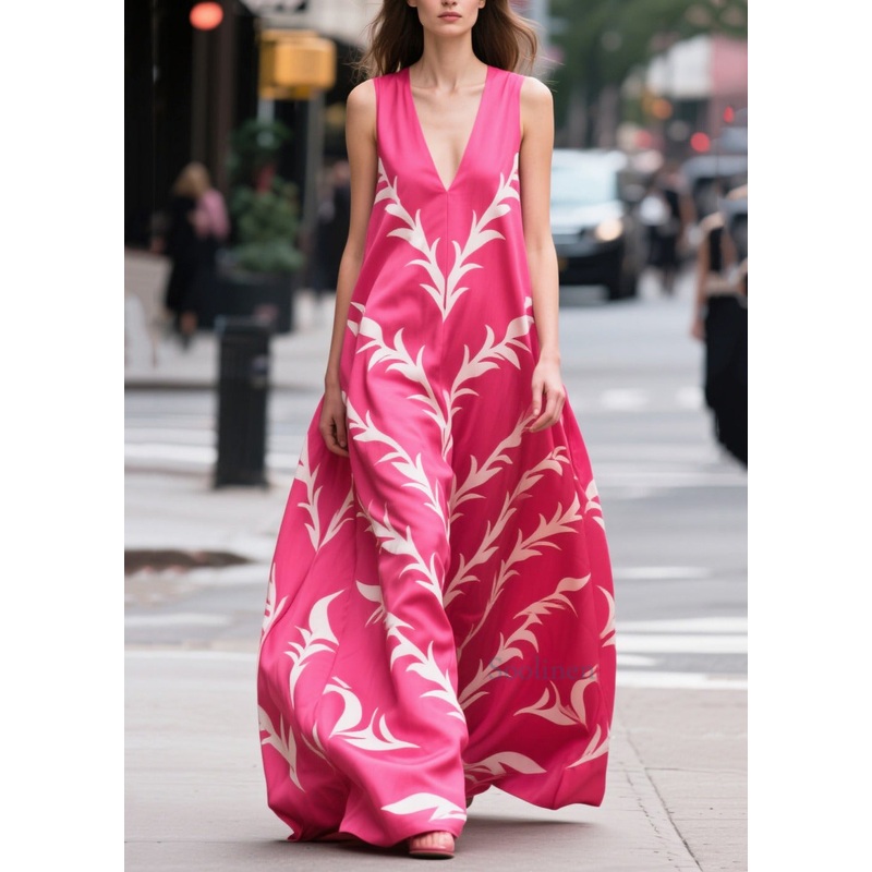 Bohemian Rose Oversized Print Silk Maxi Dress Summer