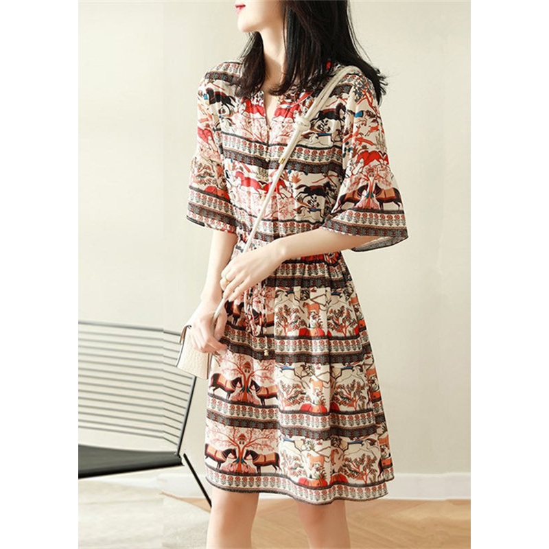 Bohemian V Neck Print Chiffon Dress Flare Sleeve