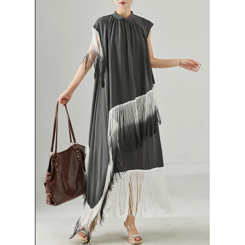 Boho Grey Tasseled Patchwork Asymmetrical Design Robe Dresses