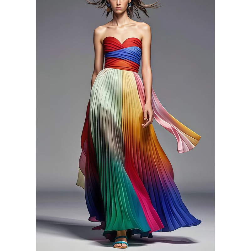 Boho Multicolor Exra Large Hem Chiffon Pleated Strapless Dress Summer