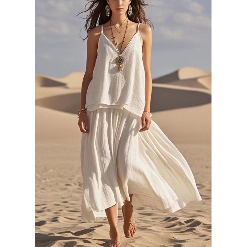 Boho White V Neck Patchwork Cotton Spaghetti Strap Dress Summer