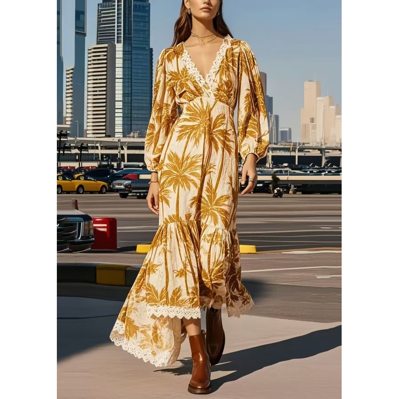 Casual Khaki Print Patchwork Lace Vacation Dresses Spring