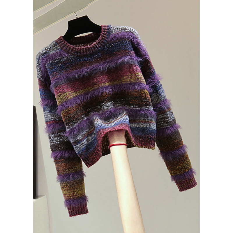 Casual Purple O-Neck Thick Striped Cotton Knit Sweater Top Winter